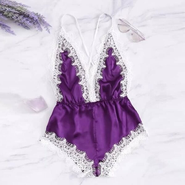 Velvet Desire – Premium Satin Lace Nightwear Bodysuit || Free Size