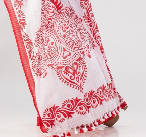 Elegant Red & White Screen Print Saree – Soft Cotton Silk Touch - Image 8