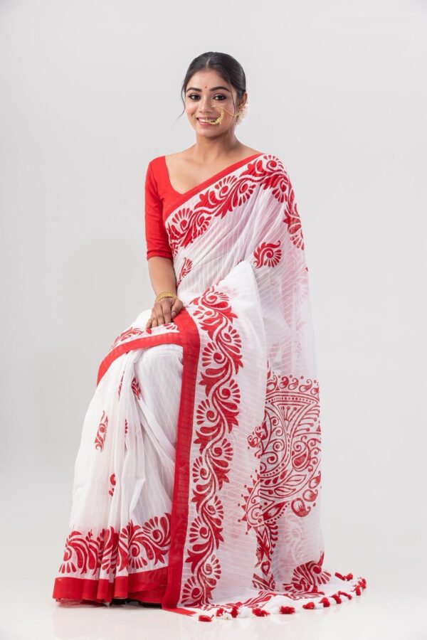 Elegant Red & White Screen Print Saree – Soft Cotton Silk Touch - Image 6