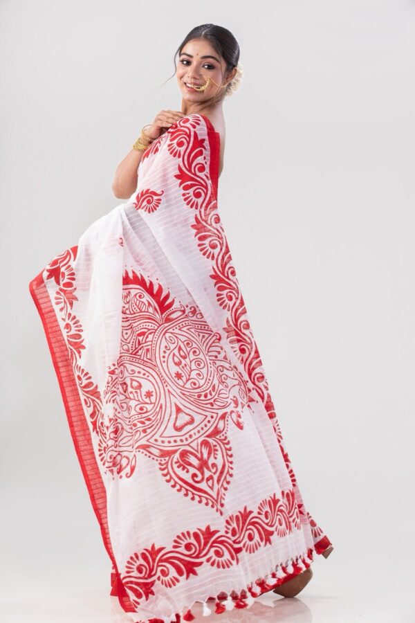 Elegant Red & White Screen Print Saree – Soft Cotton Silk Touch - Image 7