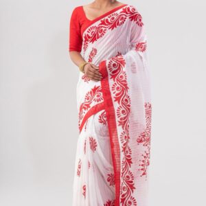 Elegant Red & White Screen Print Saree – Soft Cotton Silk Touch