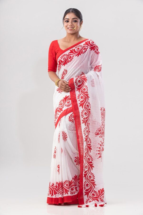 Elegant Red & White Screen Print Saree – Soft Cotton Silk Touch