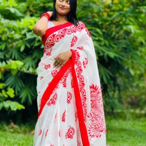 Elegant Red & White Screen Print Saree – Soft Cotton Silk Touch