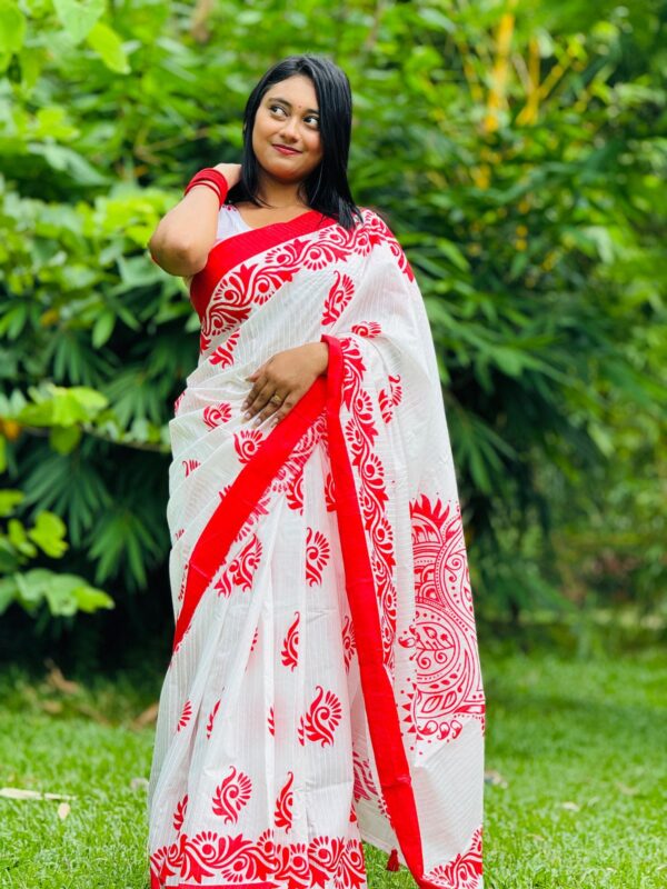 Elegant Red & White Screen Print Saree – Soft Cotton Silk Touch