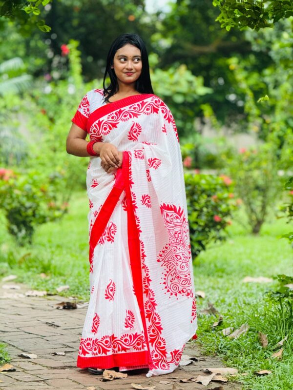 Elegant Red & White Screen Print Saree – Soft Cotton Silk Touch - Image 2