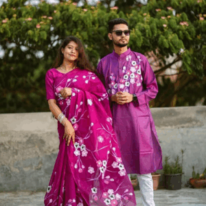 Half Silk Hand Print Saree & Panjabi Couple Dress – Elegant Traditional Wear