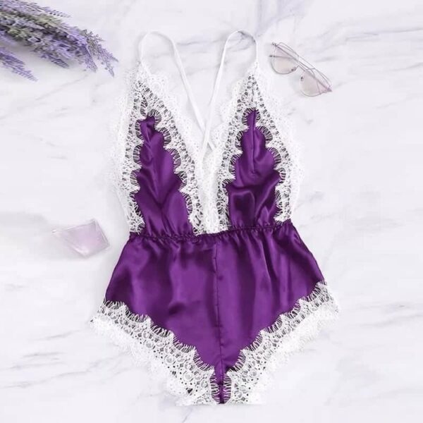 Velvet Desire – Premium Satin Lace Nightwear Bodysuit || Free Size