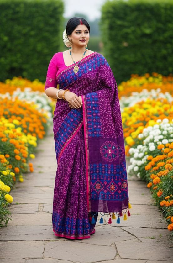 Premium Boutique Silk Saree | 14 Hands Long | Hand Embroidered & Thread Work | Matching Blouse Piece | Bunon Fabrics Bangladesh