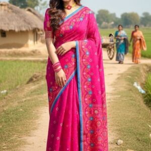 Premium Boutique Silk Saree | 14 Hands Long | Hand Embroidered & Thread Work | Matching Blouse Piece | Bunon Fabrics Bangladesh