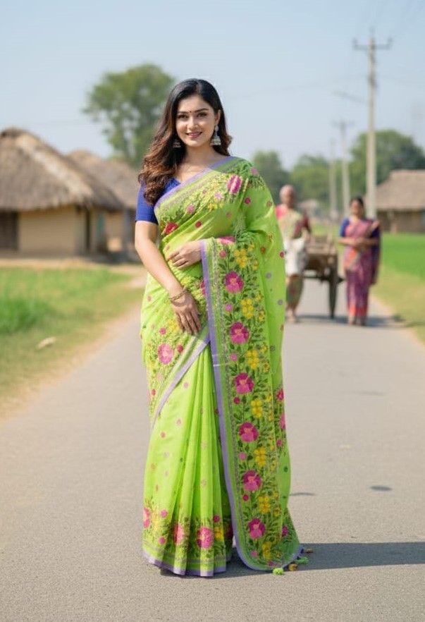 Premium Boutique Silk Saree | 14 Hands Long | Hand Embroidered & Thread Work | Matching Blouse Piece | Bunon Fabrics Bangladesh