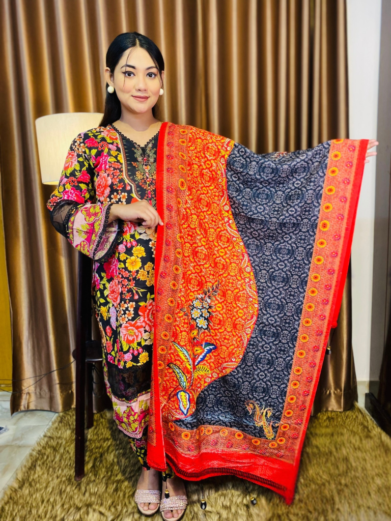 Red & Black Signature Elegance Shawl | Bunon Fabrics Winter