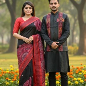 Winter Couple Combo Set | Tangail Saree with Matching Koti & Dhupian Silk Panjabi
