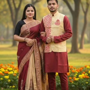 Winter Couple Combo Set | Tangail Saree with Matching Koti & Dhupian Silk Panjabi