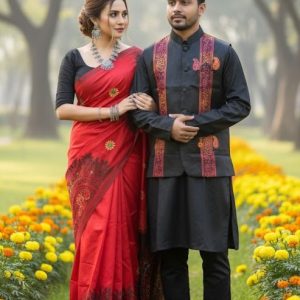 Winter Couple Combo Set | Tangail Saree with Matching Koti & Dhupian Silk Panjabi