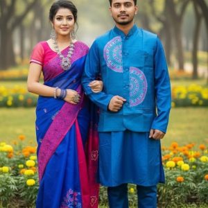 Winter Couple Combo Set | Tangail Saree with Matching Koti & Dhupian Silk Panjabi