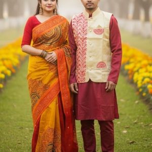 Winter Couple Combo Set | Tangail Saree with Matching Koti & Dhupian Silk Panjabi
