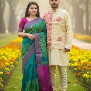 Winter Couple Combo Set | Tangail Saree with Matching Koti & Dhupian Silk Panjabi
