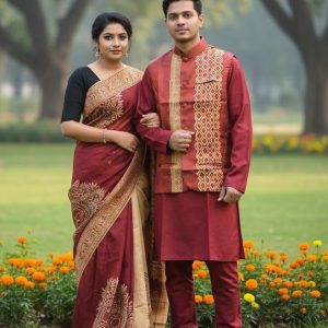 Winter Couple Combo Set | Tangail Saree with Matching Koti & Dhupian Silk Panjabi