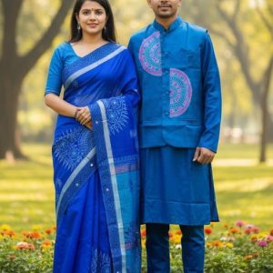 Winter Couple Combo Set | Tangail Saree with Matching Koti & Dhupian Silk Panjabi