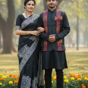 Winter Couple Combo Set | Tangail Saree with Matching Koti & Dhupian Silk Panjabi