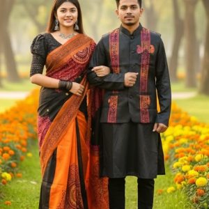 Winter Couple Combo Set | Tangail Saree with Matching Koti & Dhupian Silk Panjabi