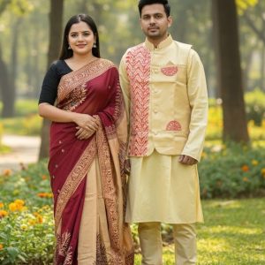 Winter Couple Combo Set | Tangail Saree with Matching Koti & Dhupian Silk Panjabi