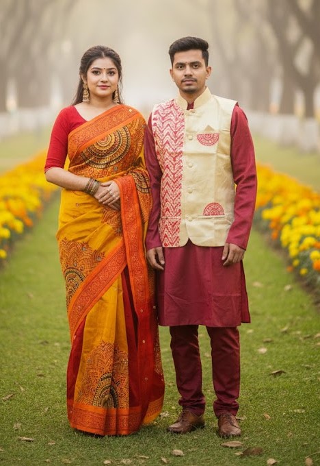 Winter Couple Combo Set – টাঙ্গাইল শাড়ি ও ধুপিয়ান সিল্ক পাঞ